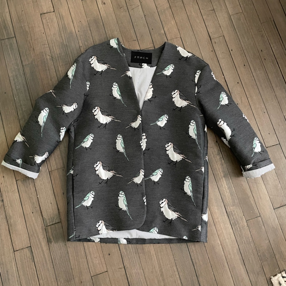 Frnch S/M Grey Jacket Blazer with Birds Pattern